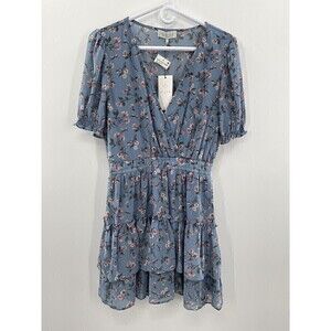 WAYF Smocked Waist Tiered Mini Dress Dusty Blue Women Size Small